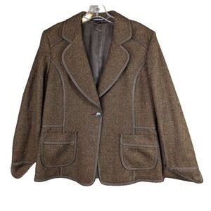 Ellen Tracy Blazer Jacket Brown Speckled Tweed Wool‎ Alpaca Faux Leather Trim 12